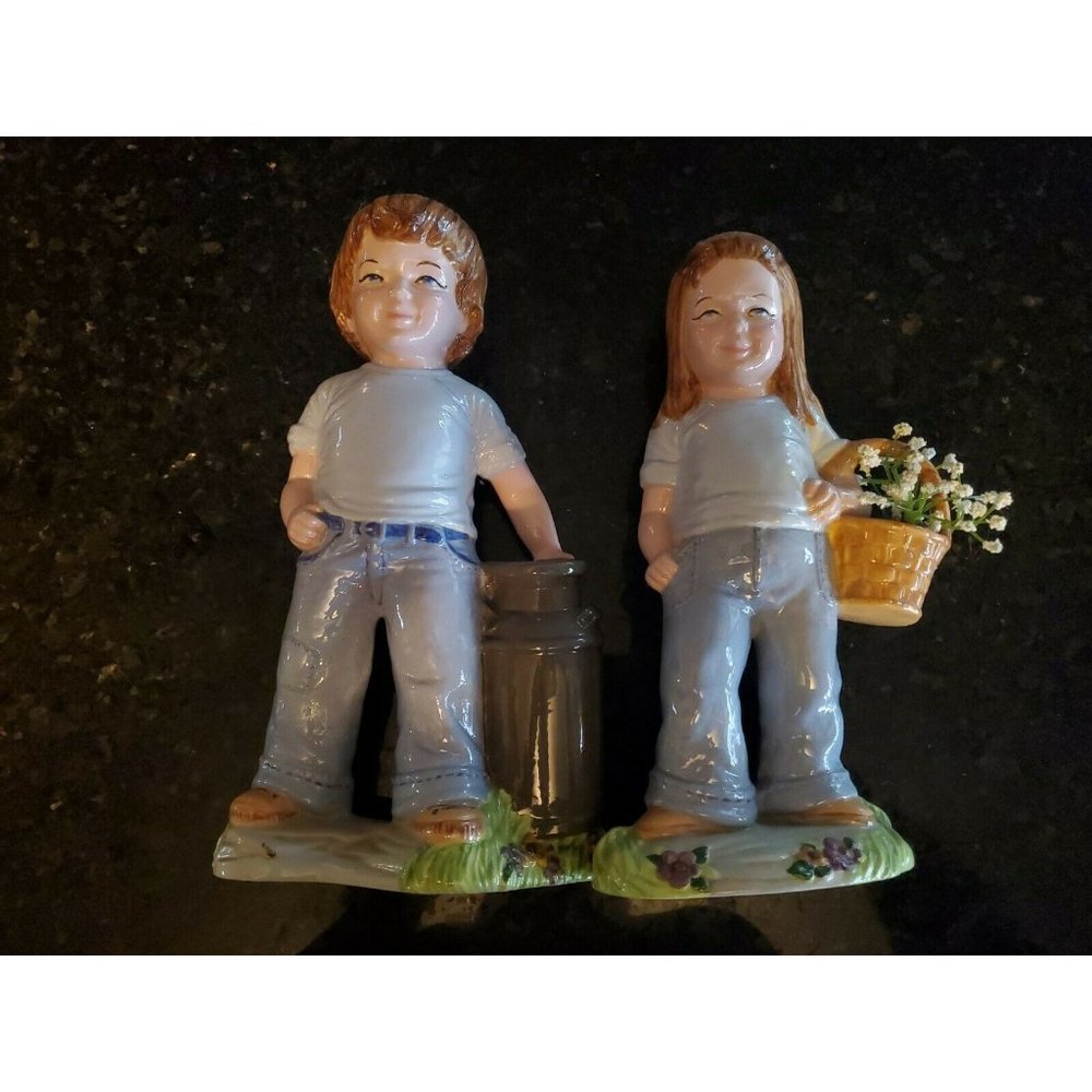 Vintage Matching Pair Boy Girl In Jeans Porcelain
